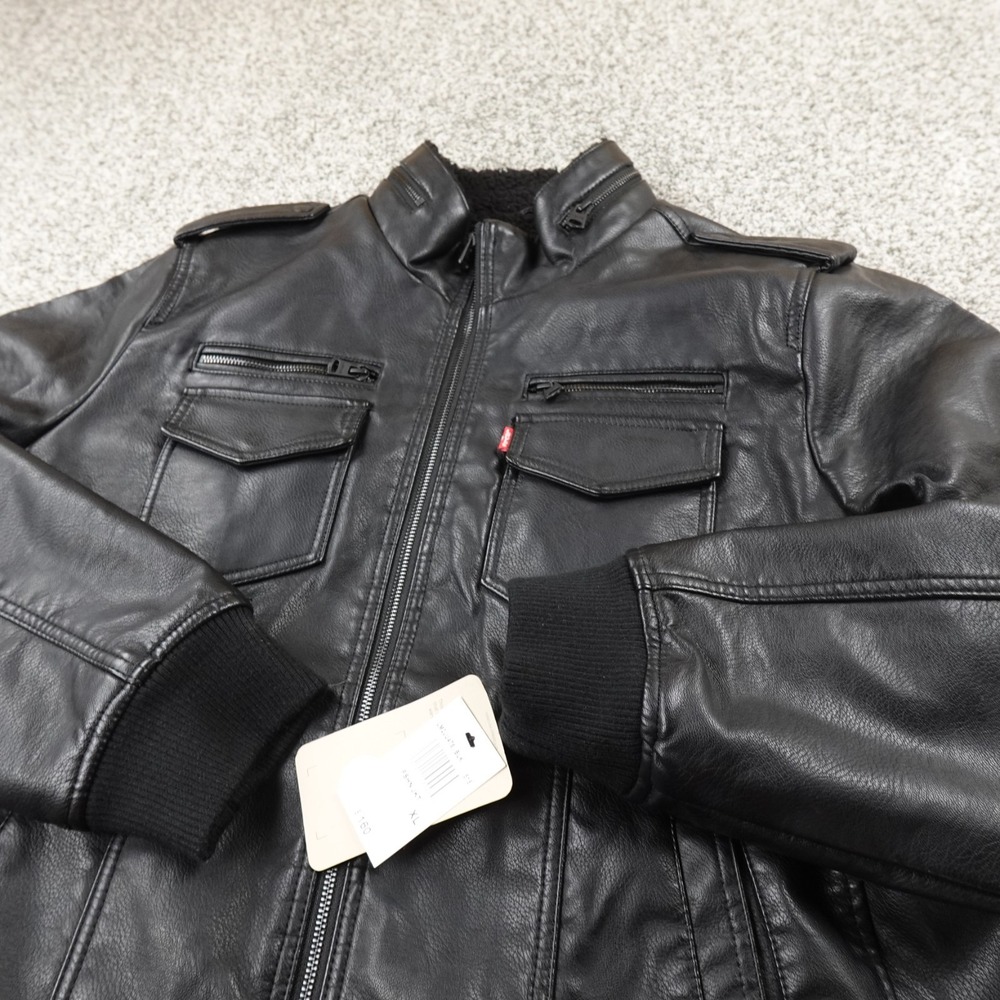 NEW Levis Jacket Mens XL Black Faux Leather Sherpa Lined Zip Trucker Bomber Coat